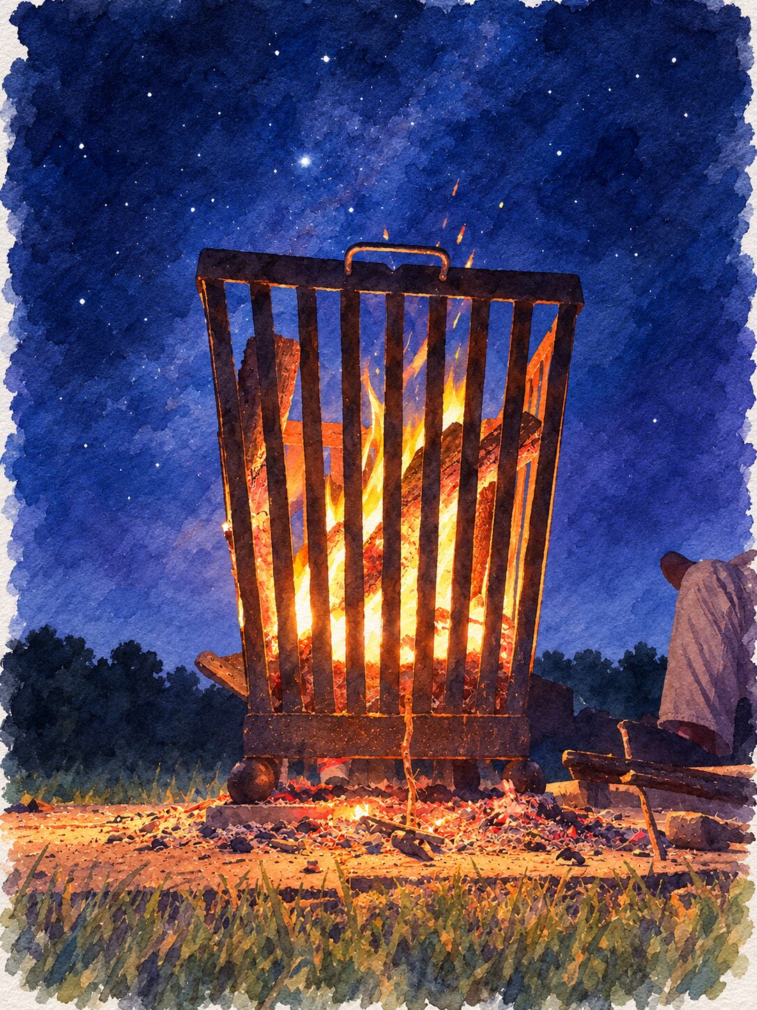 A watercolour of a fire basket blazing under a starry night sky at the August gathering, someone sitting beside it on a log.