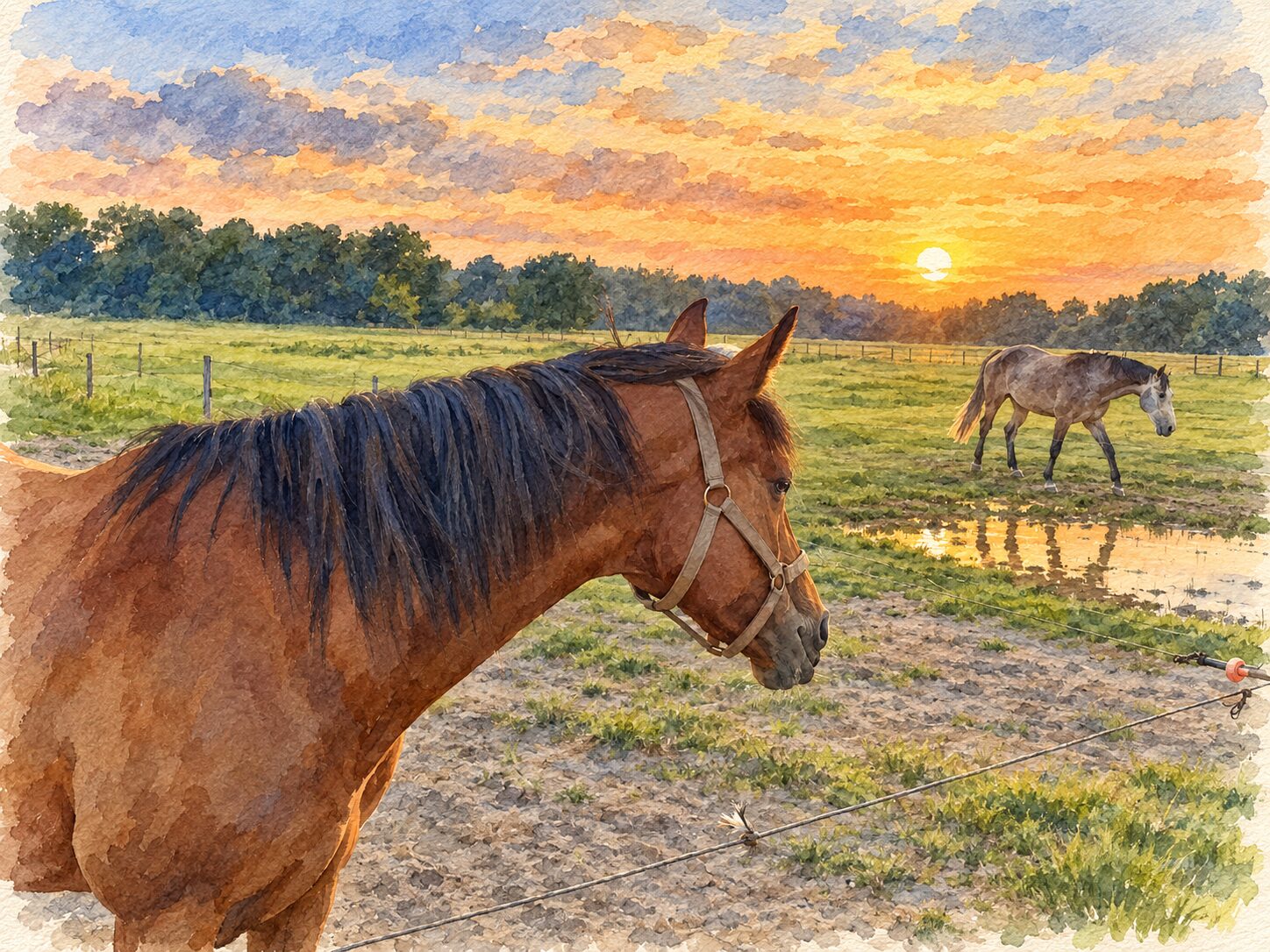 A watercolour of a chestnut horse looking over the fence at sunrise at the August gathering, a grey horse grazing by a puddle behind.