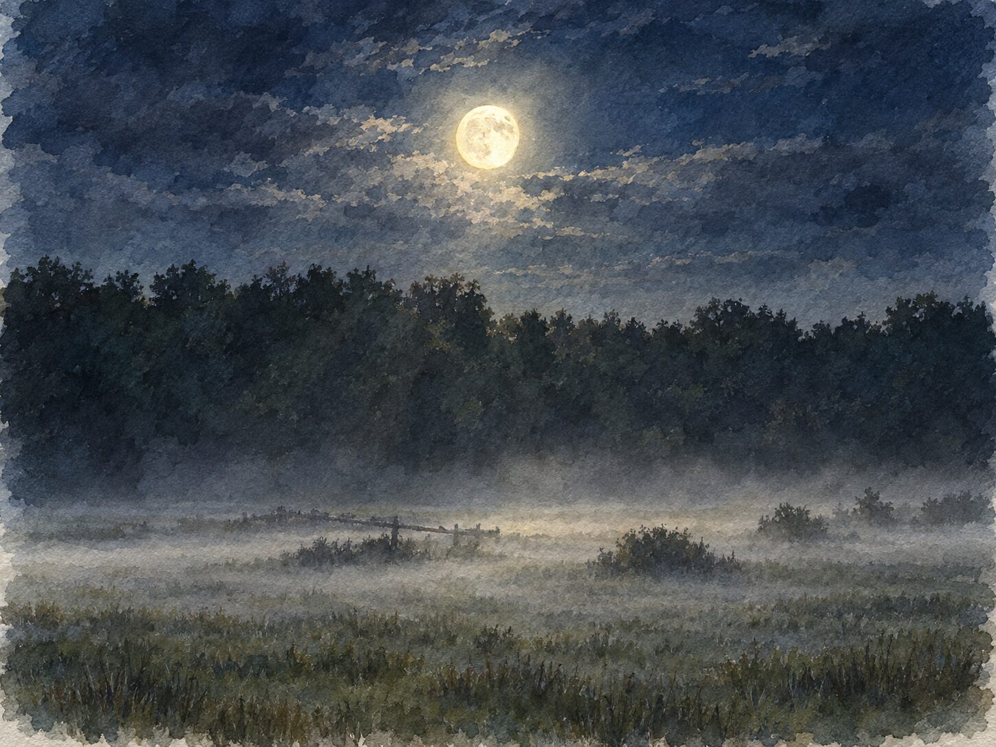 A watercolour of a full moon over a misty meadow at night, a dark line of trees behind.