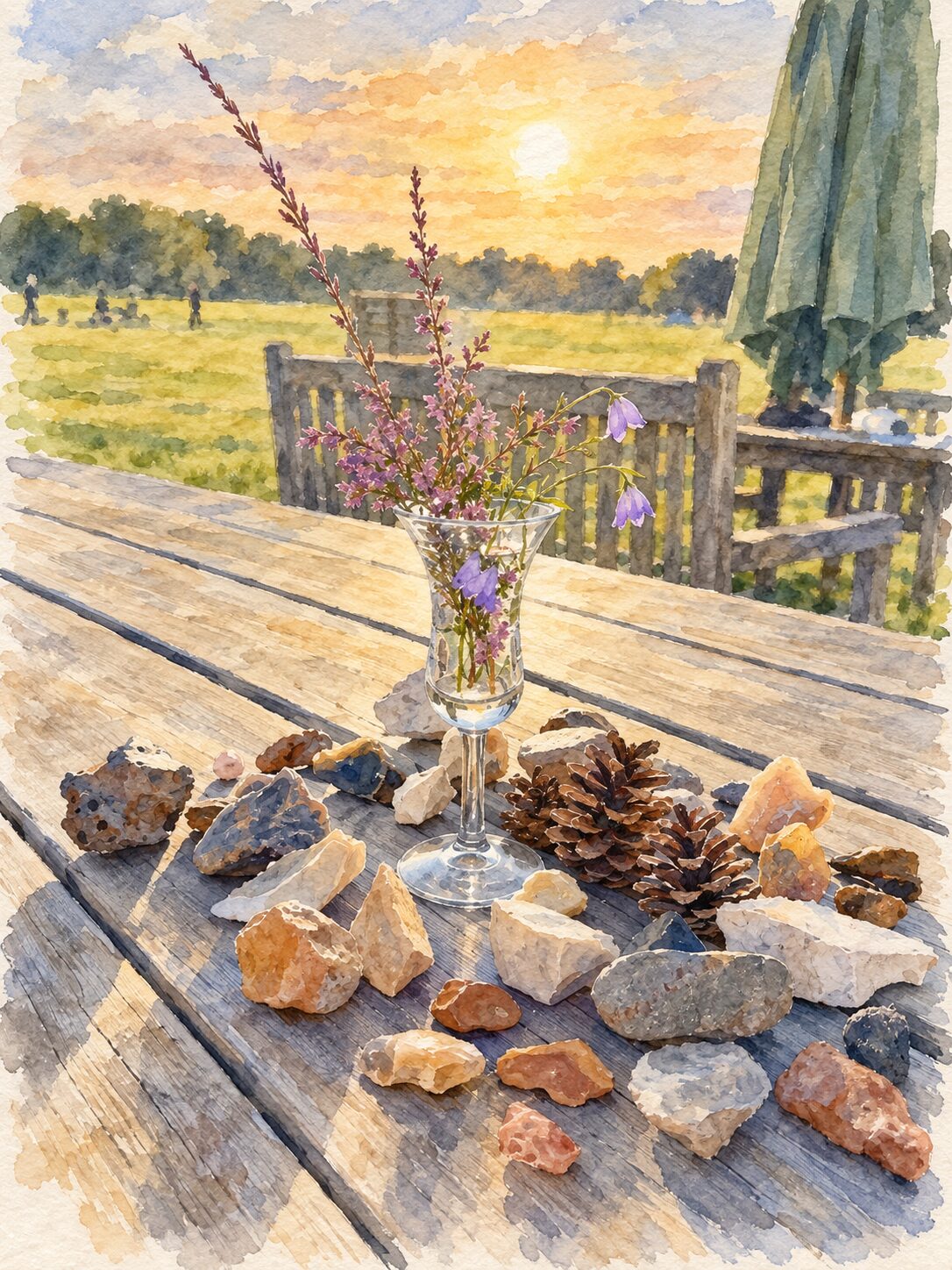 A watercolour of heather and harebells in a glass on a wooden table scattered with stones and pine cones, the sun setting over the field beyond.