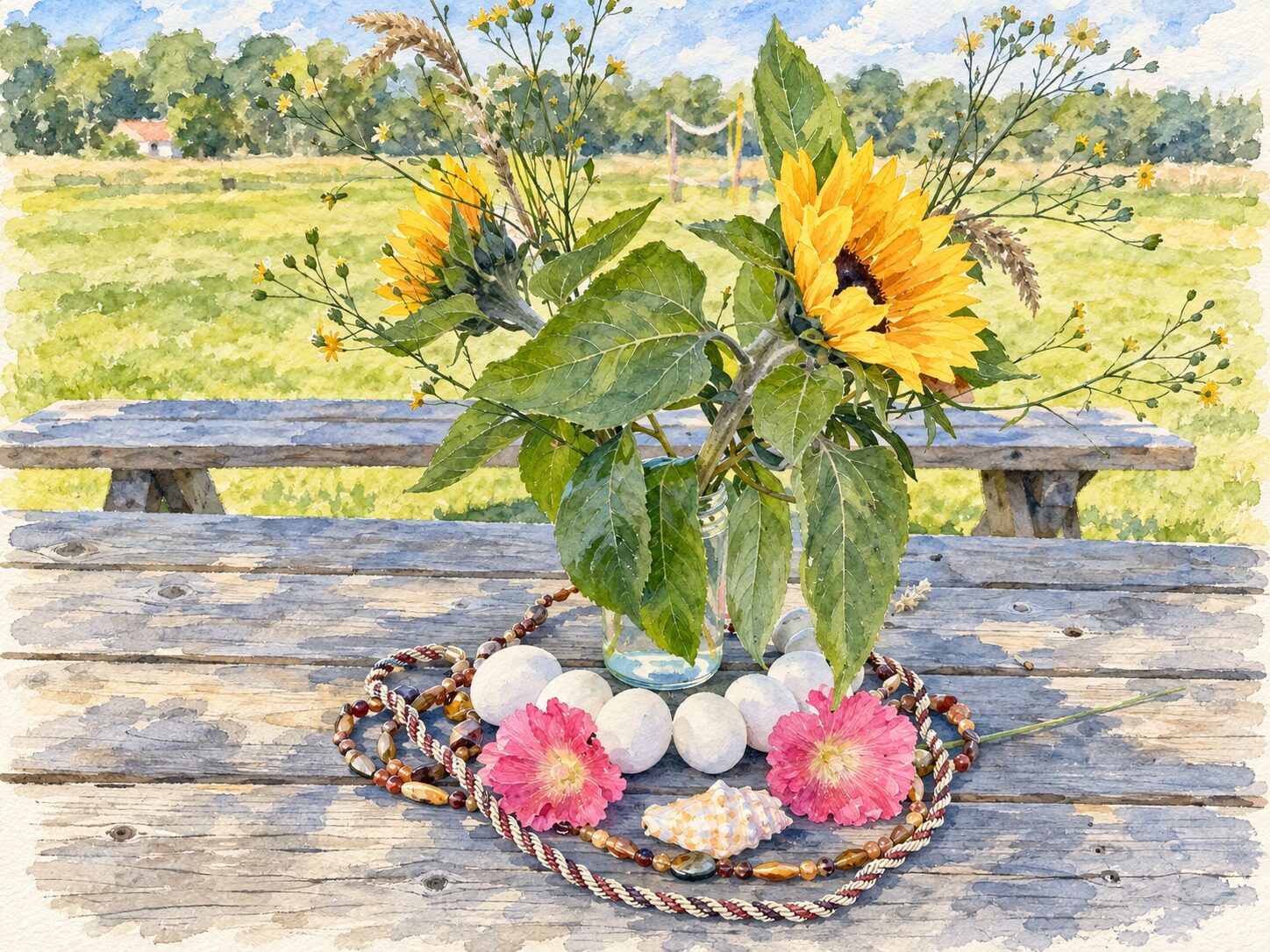 A watercolour of sunflowers and wildflowers in a jar on a weathered picnic table, ringed by white stones, a shell and two pink gerberas.