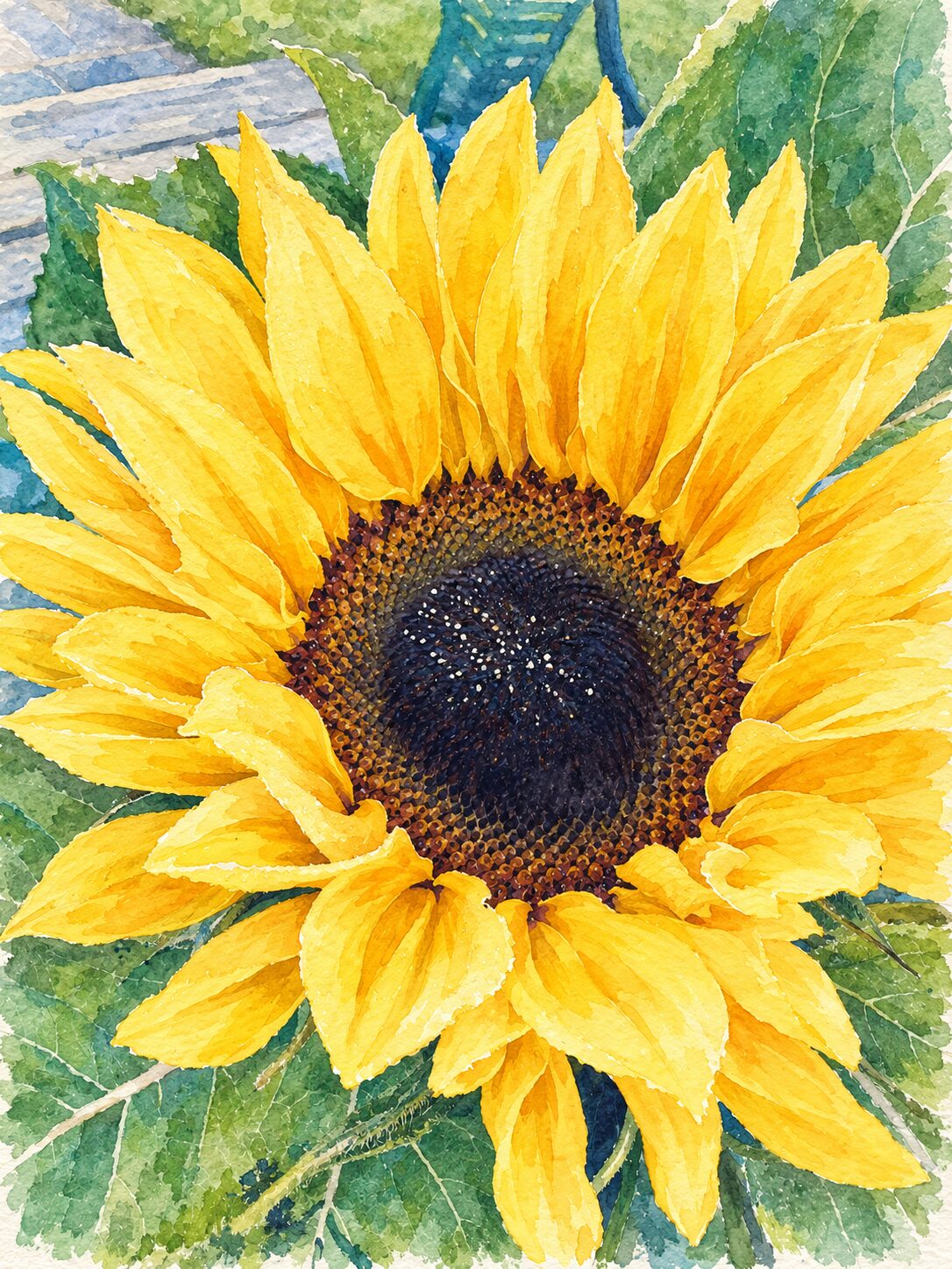 A watercolour close-up of a single sunflower in full bloom against its broad green leaves.