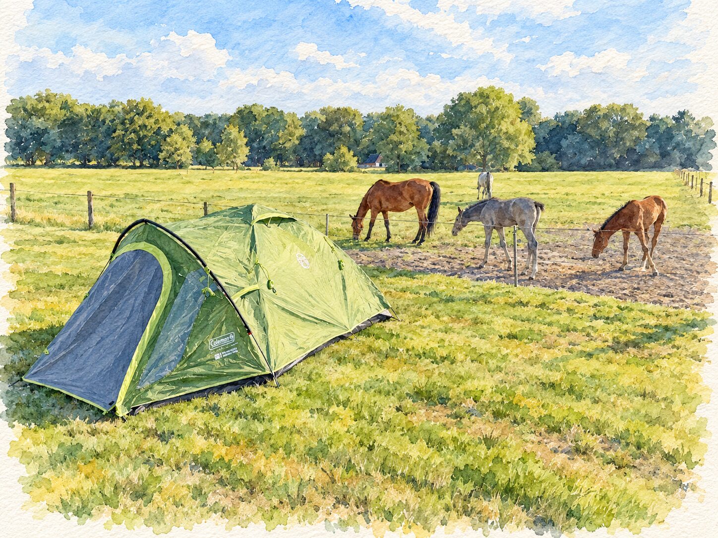 A watercolour of a green dome tent pitched in the meadow at the August gathering, three horses grazing just beyond the fence.