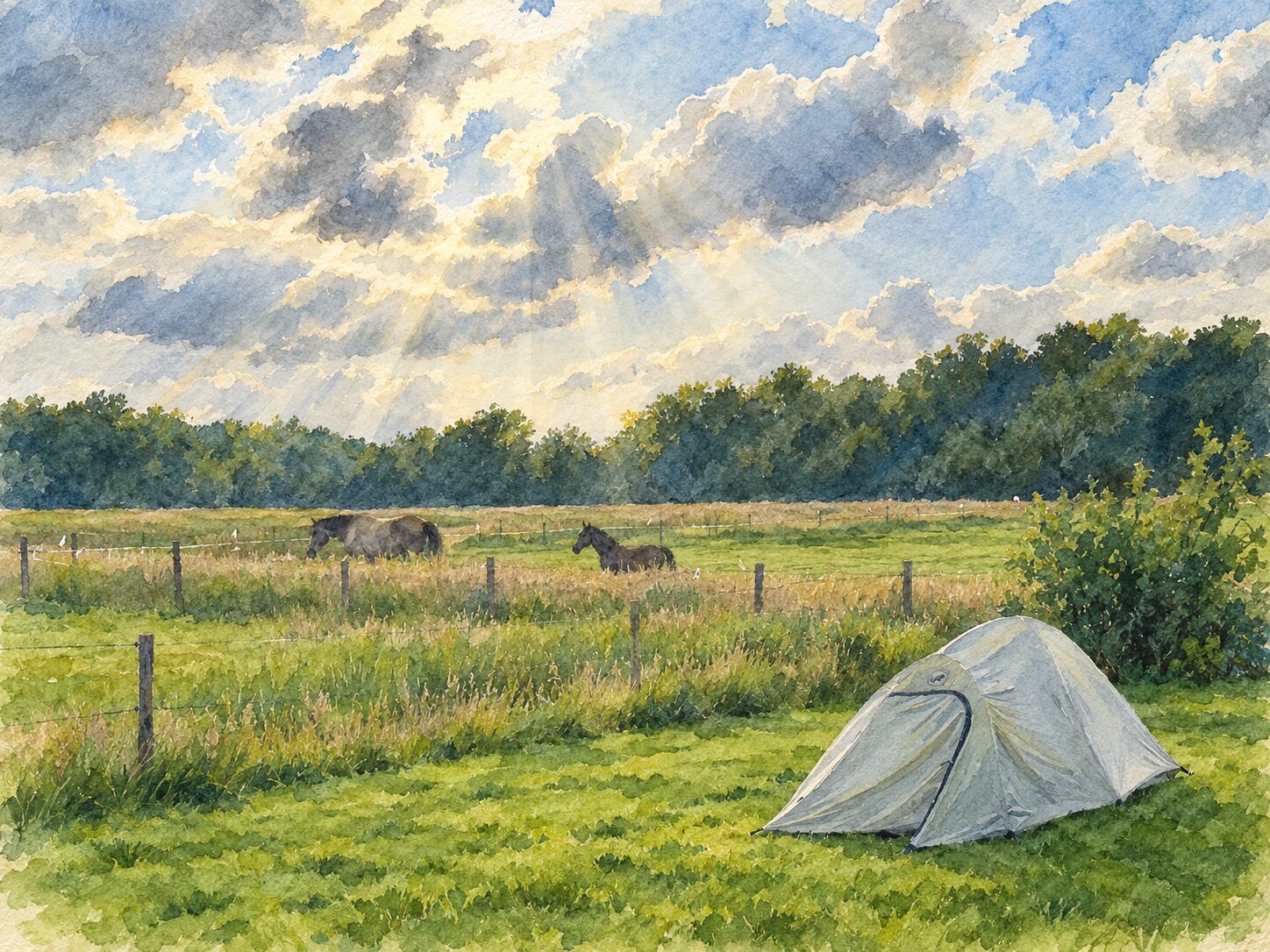 A watercolour of a small grey tent in the grass at the August gathering, horses grazing in the paddock behind under a sky of breaking cloud.