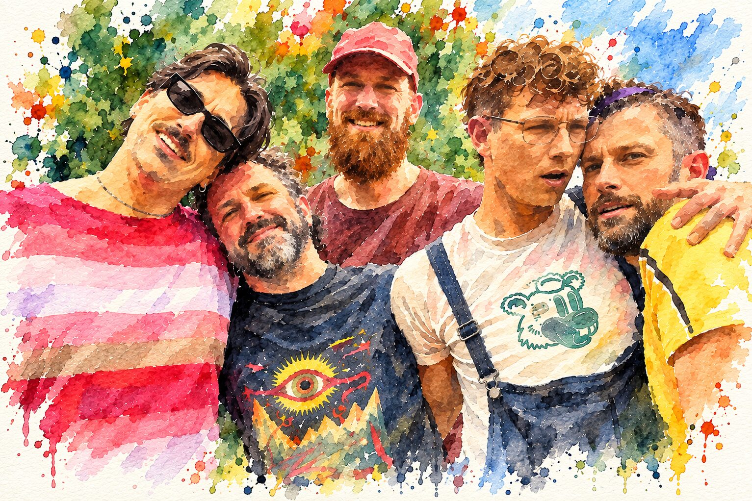 A watercolour of five Kindred Faeries facilitators leaning into each other and smiling, against a splash of summer greens and bright paint