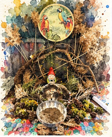 A watercolour of a little altar at The Rekindling: pampas grass, branches, pine cones and a garden gnome around a bowl, on a patchwork quilt under a parrot print.