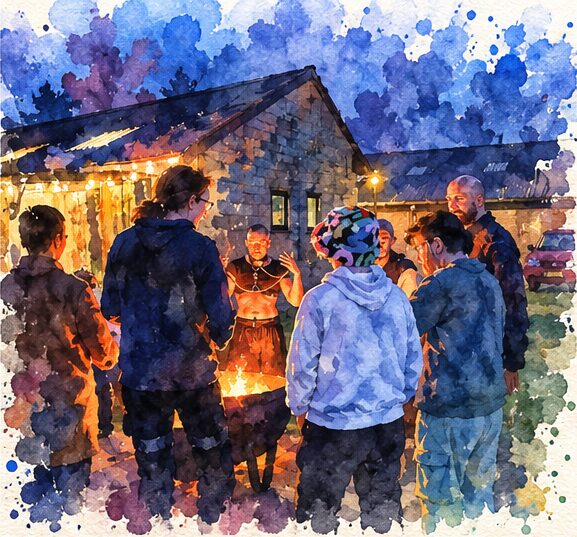 A watercolour of faeries standing round a fire basket outside the barn at The Rekindling at dusk, fairy lights glowing along the roof.