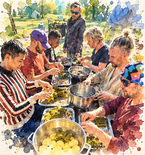 A watercolour of faeries gathered round an outdoor table at The Rekindling, rolling stuffed vine leaves together from big pots and trays.
