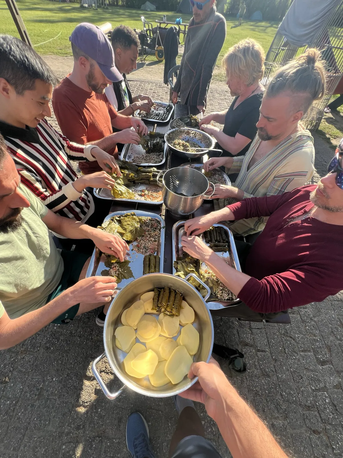 Faeries gathered around picnic tables sharing a meal outdoors, someone carrying a big pot of potatoes to the table.