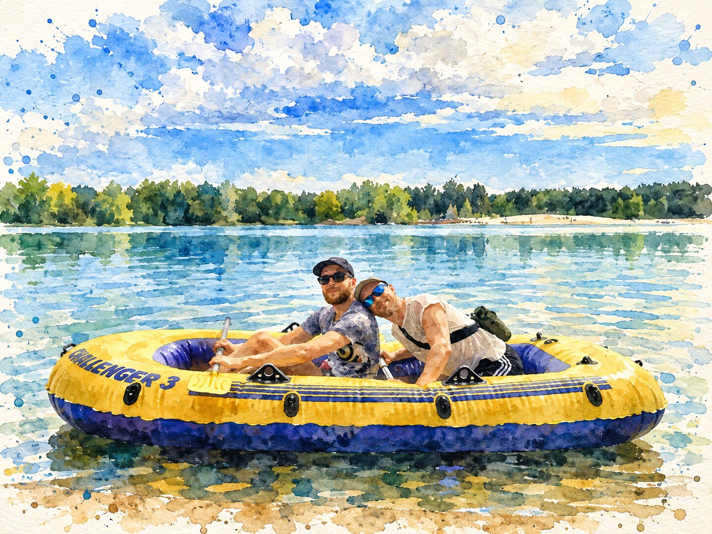 A watercolour of two faeries side by side in a yellow inflatable dinghy on the lake at The Rekindling, grinning at the camera.