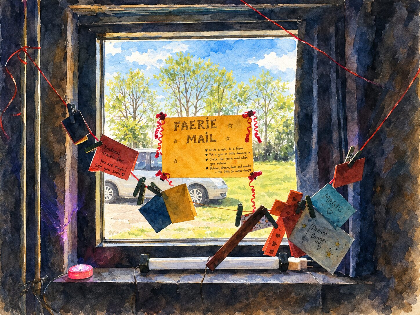 A watercolour of the Faerie Mail at The Rekindling: a hand-lettered sign and little paper notes pegged on red string across a sunlit window.