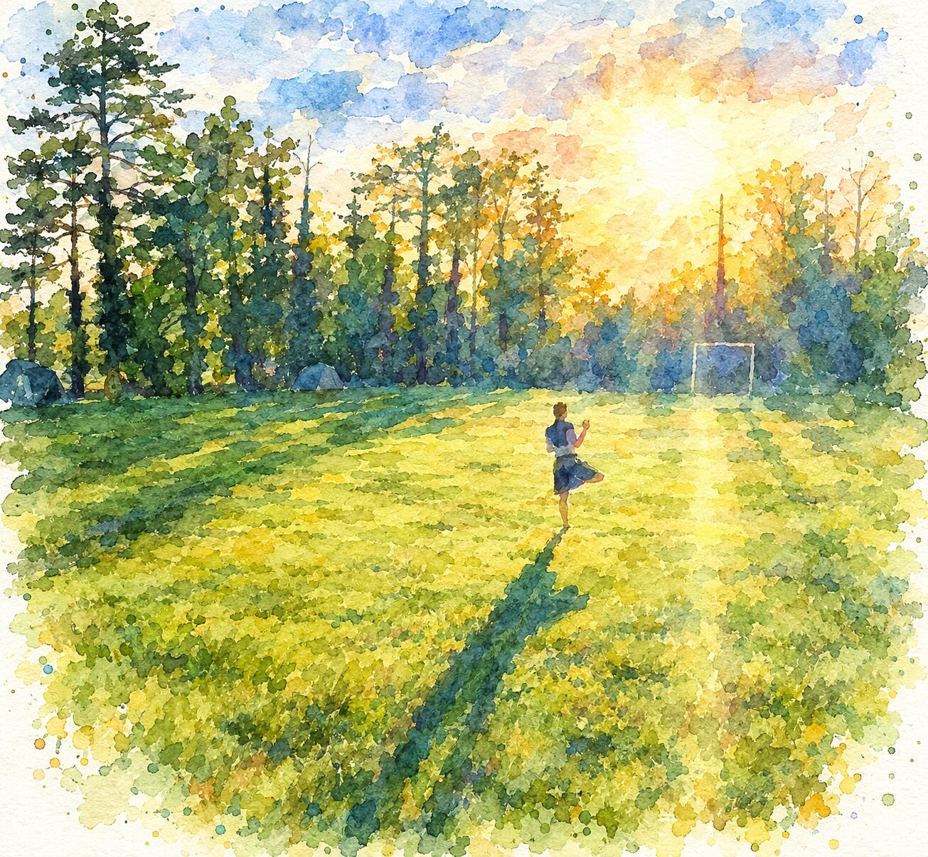 A watercolour of a faerie dancing on one leg in a sunlit field at The Rekindling, a long shadow stretching across the grass towards the tall pines.