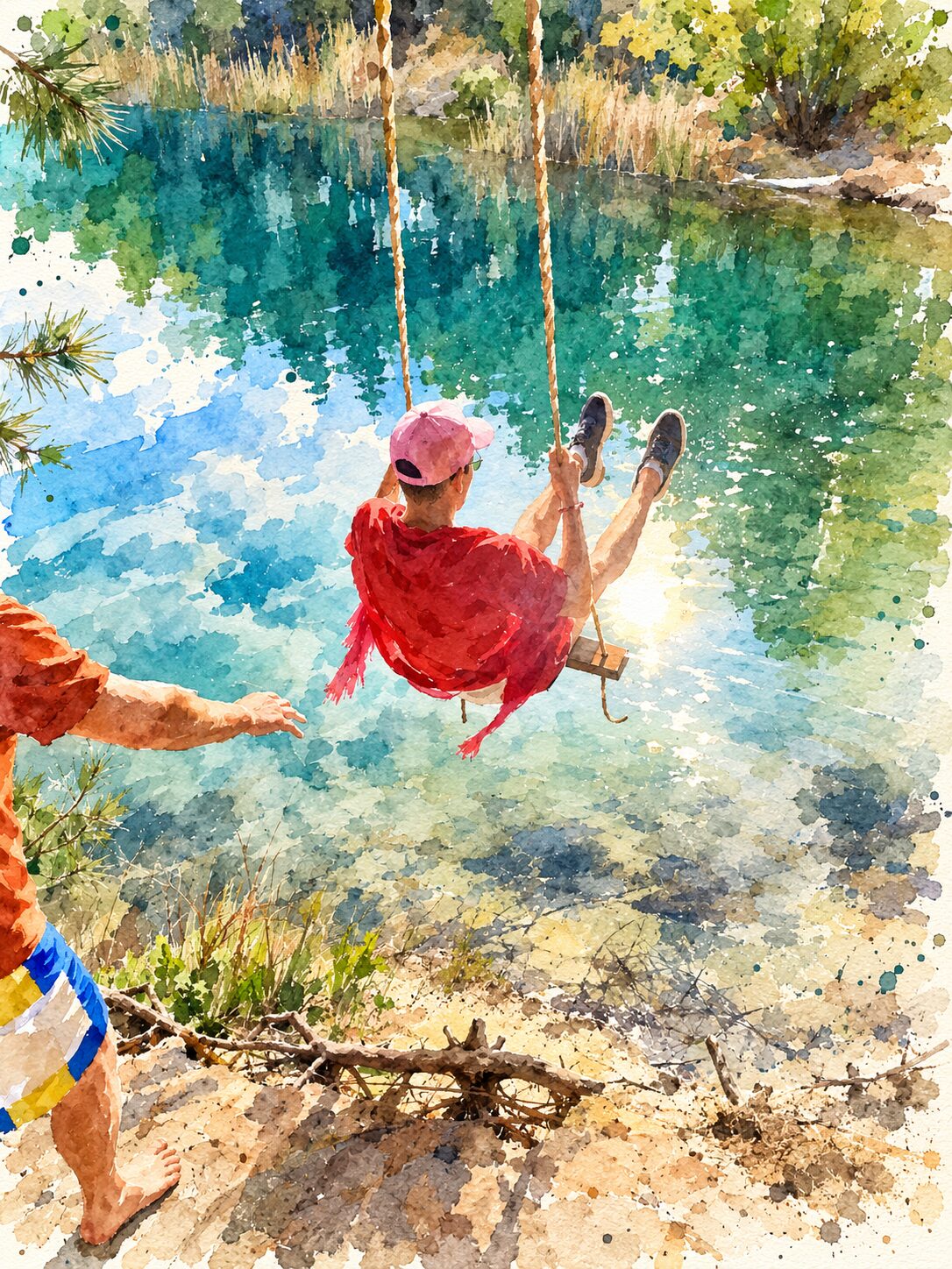 A watercolour of a faerie in a red robe swinging out over a clear green lake on a rope swing at The Rekindling, someone on the bank reaching out to push.