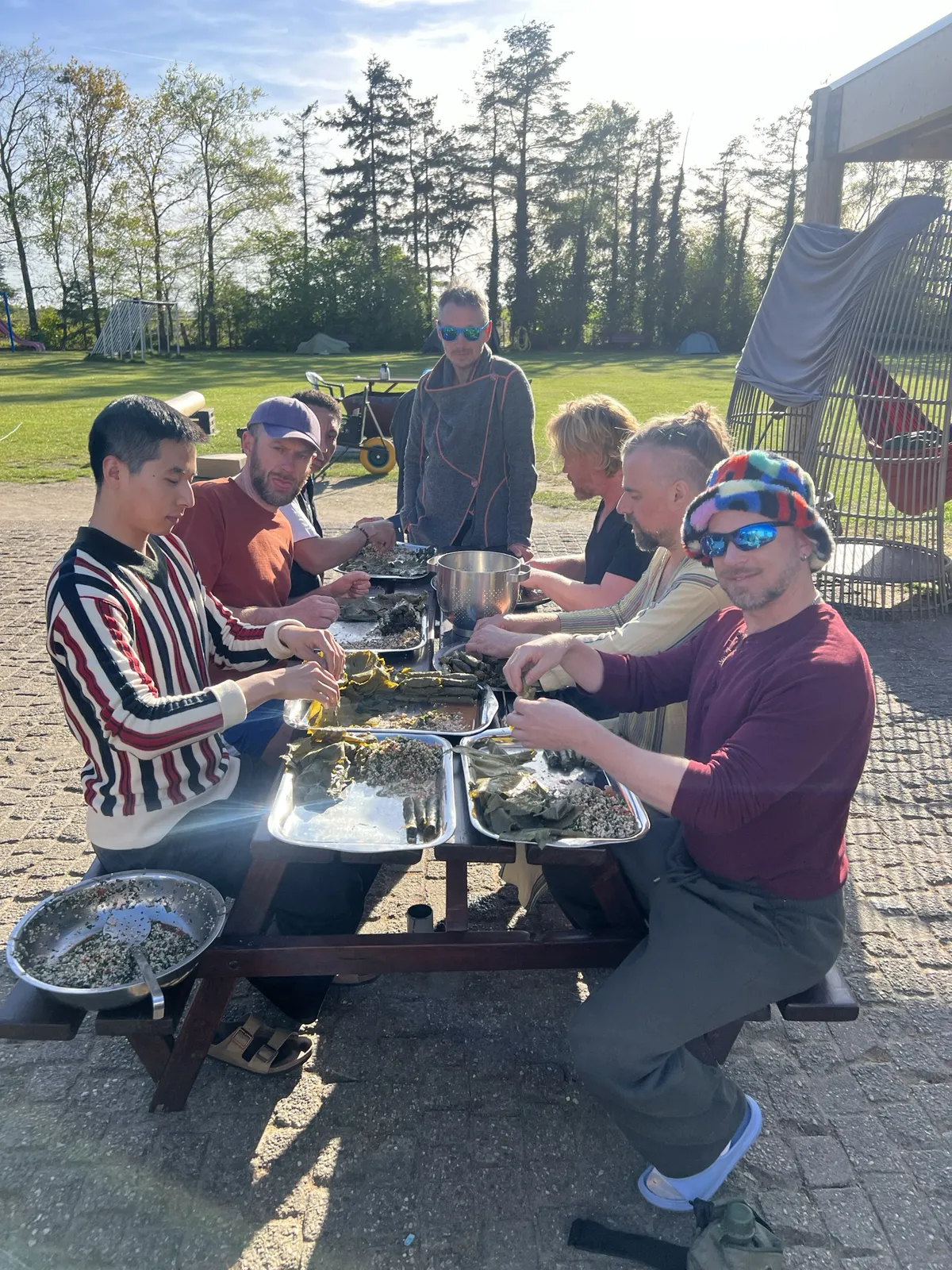 Faeries eating together at long tables in the afternoon sun, trees and open field behind them.