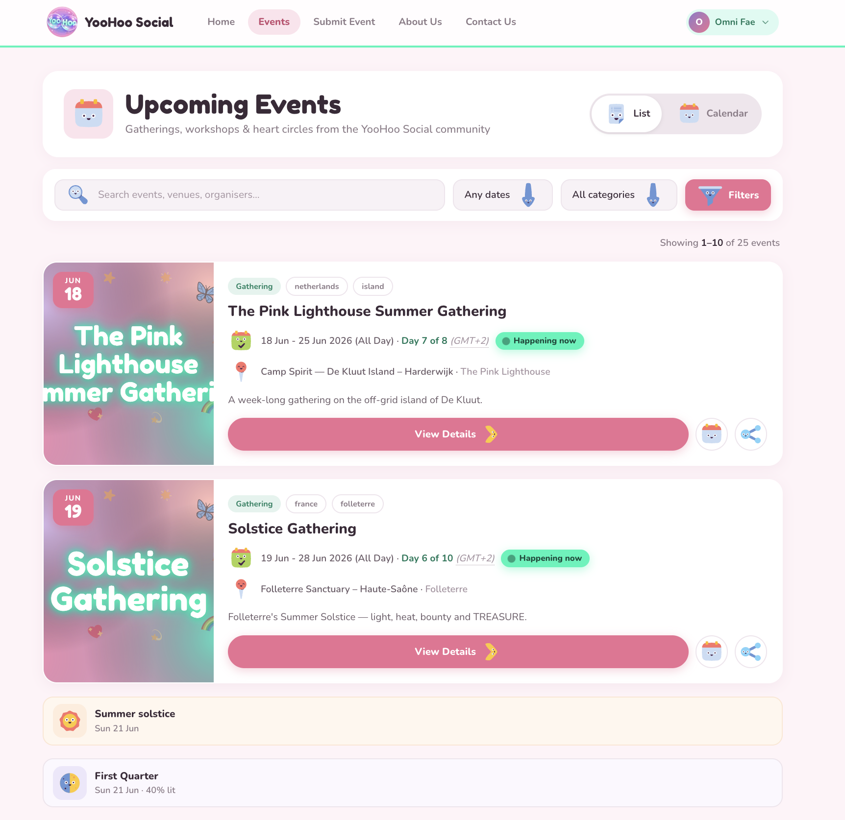 YooHoo Social showing a list of upcoming gatherings