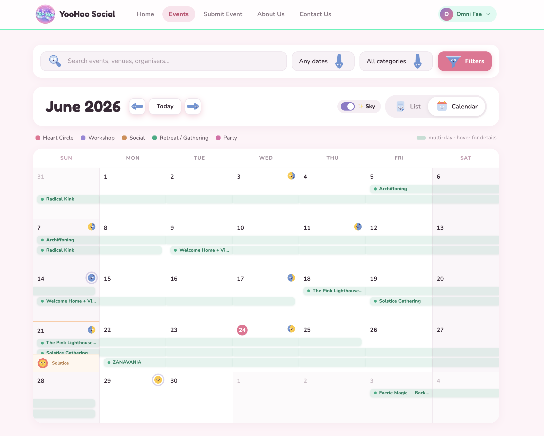 YooHoo Social month calendar view